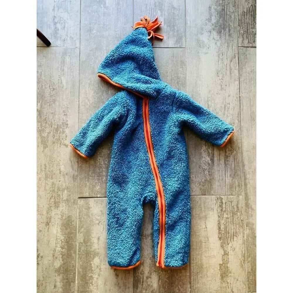 GIGGLE BABY Boy Plush Sherpa Cozy Fleece Blue Orange Coverall Hooded 6-12m